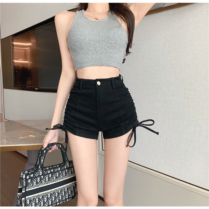 DUNEA Quần short denim lưng cao phối dây rút cá tính dành cho nữ