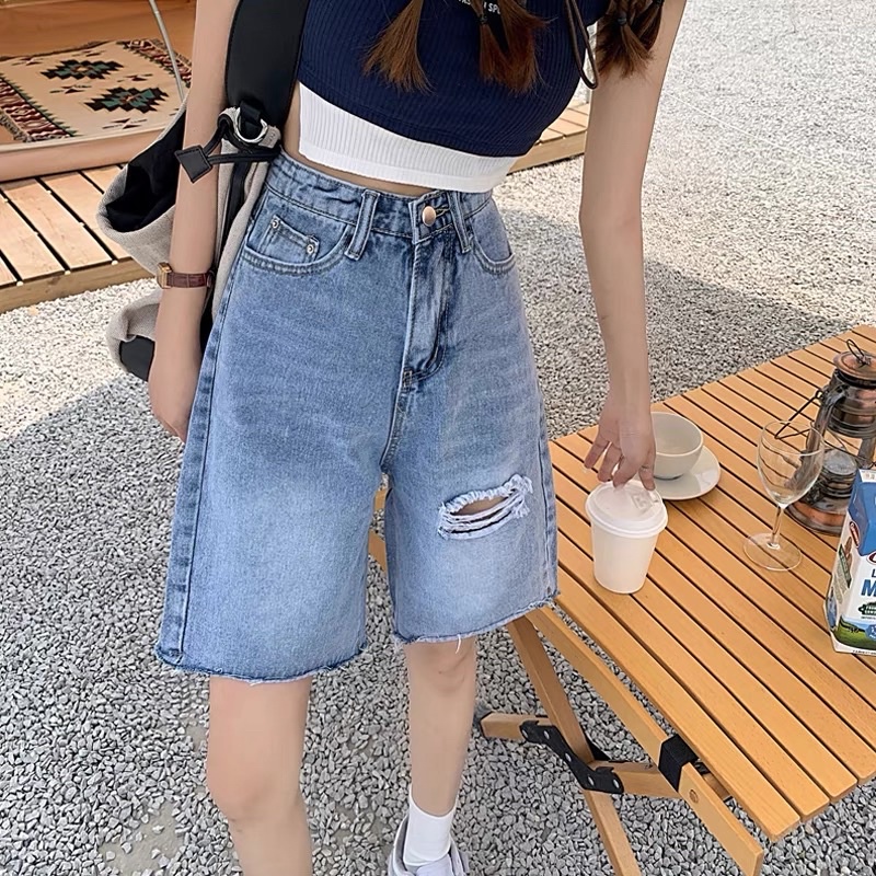 Quần Jean Lửng Nữ Ống Rộng Rách Đùi Ulzzang Lưng Cao Ống Tua Rua