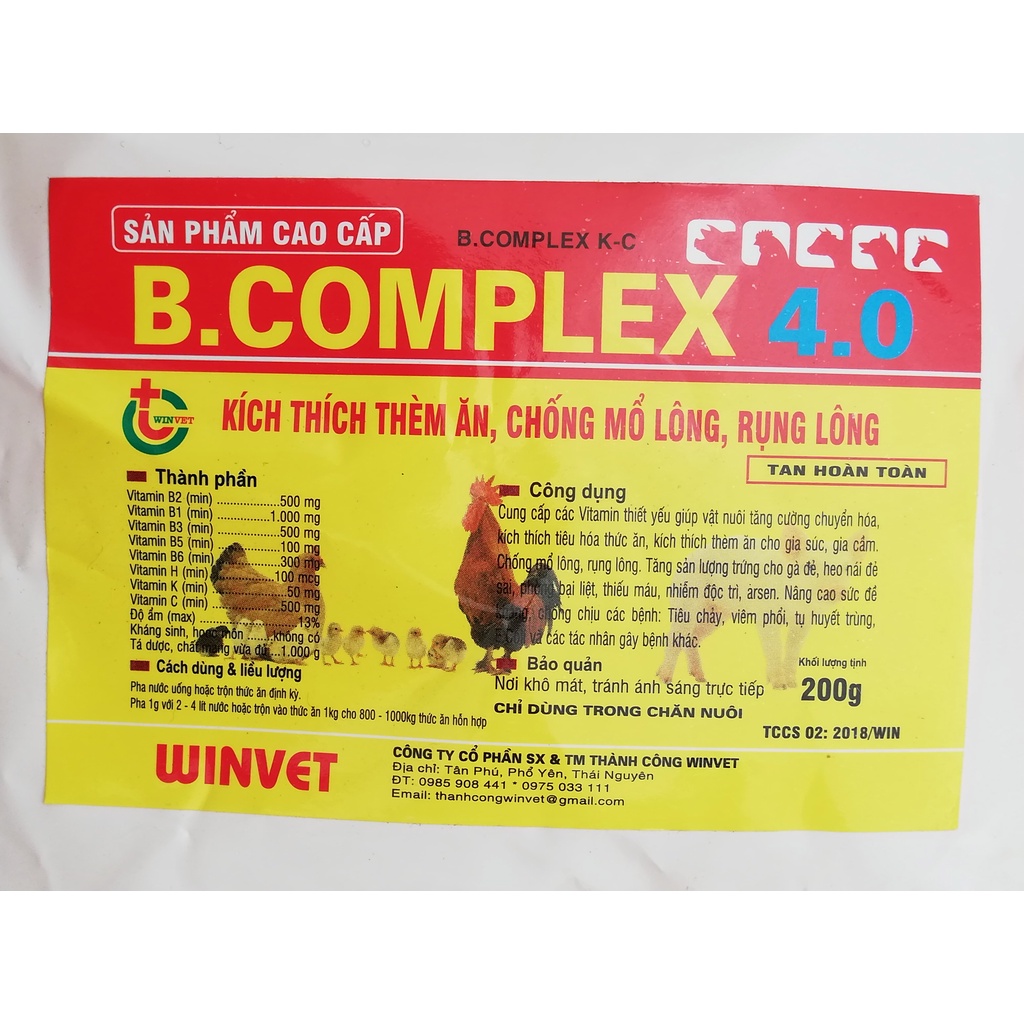 1 gói B.COMPLEX 4.0   200g Kích thích thèm ăn cho gia súc, gia cầm, chó, mèo, chim cảnh