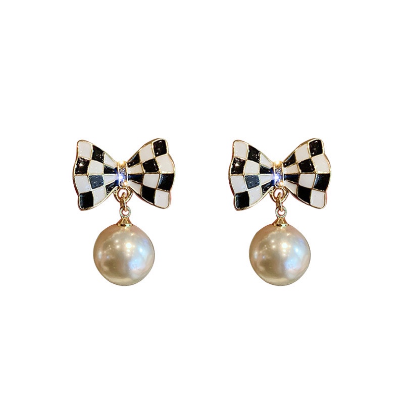 Bông Tai Bạc 2022 S925 Hình Nơ Kẻ Ô Đen Trắng Đính Ngọc Trai Xinh Xắn