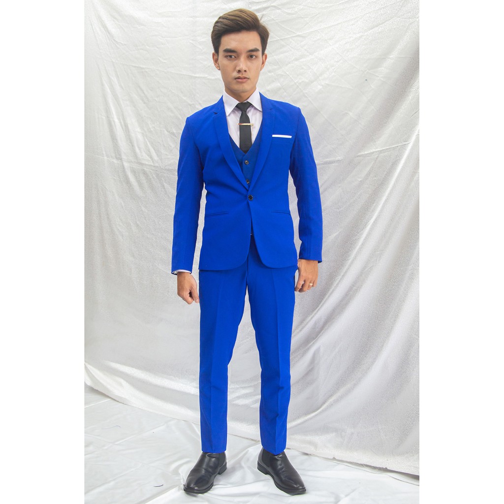 Bộ vest nam và gile + sơ mi ôm body màu xanh coban tặng cà vạt nơ