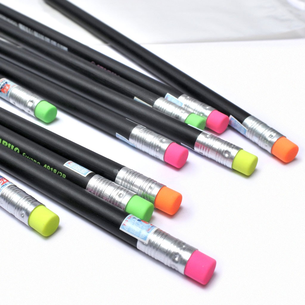 Bộ 10 cây bút chì gỗ STABILO Swano 4918 2B thân đen (đầu tẩy xanh/hồng x 3 + cam/vàng x 2) + tẩy ER196E (PC4918-C10+)