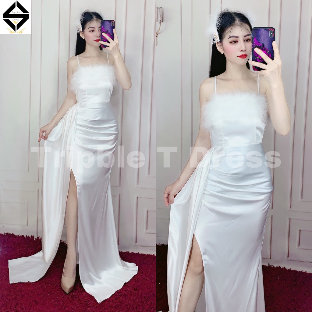 Đầm dự tiệc TRIPBLE T DRESS dáng maxi dài xẻ đùi phối lông - size S/M/L - MS400V