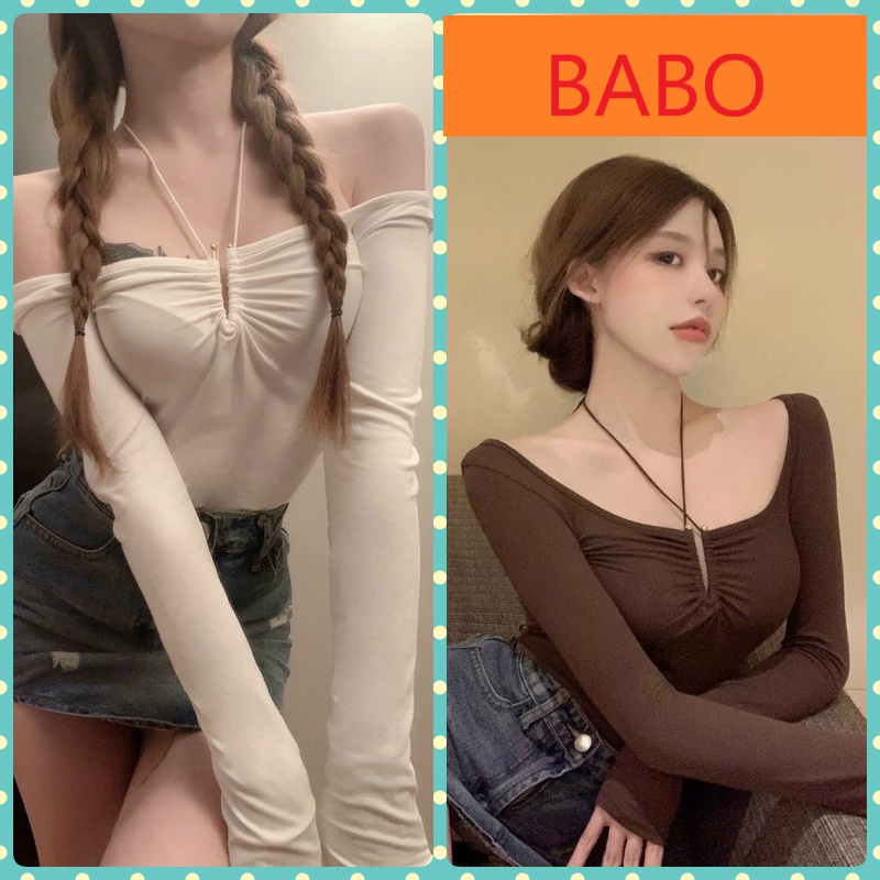 ÁO CROPTOP KIỂU LỬNG NỮ TRỄ VAI DÀI TAY DÂY TRÒNG CỔ NHỎ VẢI MỀM MỊN CAO CẤP BABO MÀU ĐEN TRẮNG NÂU CÁ TÍNH