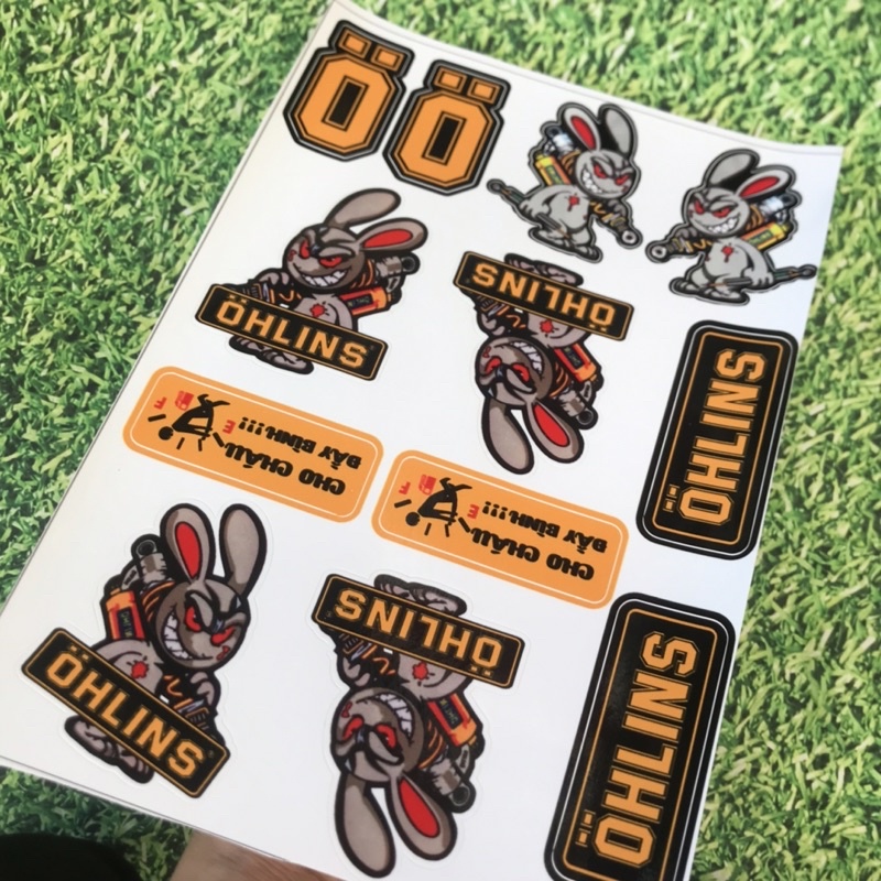 Tem Dán Xe Máy Thỏ Ohlins - Decal Dán Xe Máy Cắt Sẵn Từng Hình Kích Thước 6 - 10 Cm
