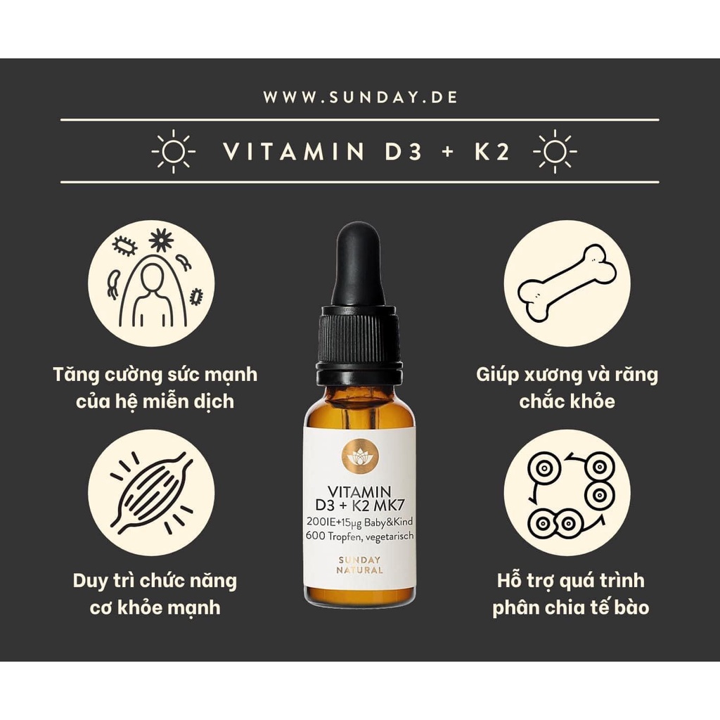 Vitamin D3 K2 MK7 Sunday Natural Đức 20ml (Date 2023) Chính Hãng