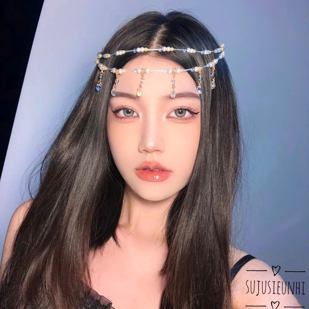 dây cài trán cosplay cổ trang tạo hình chuỗi ngọc 2 tầng trang trí tóc