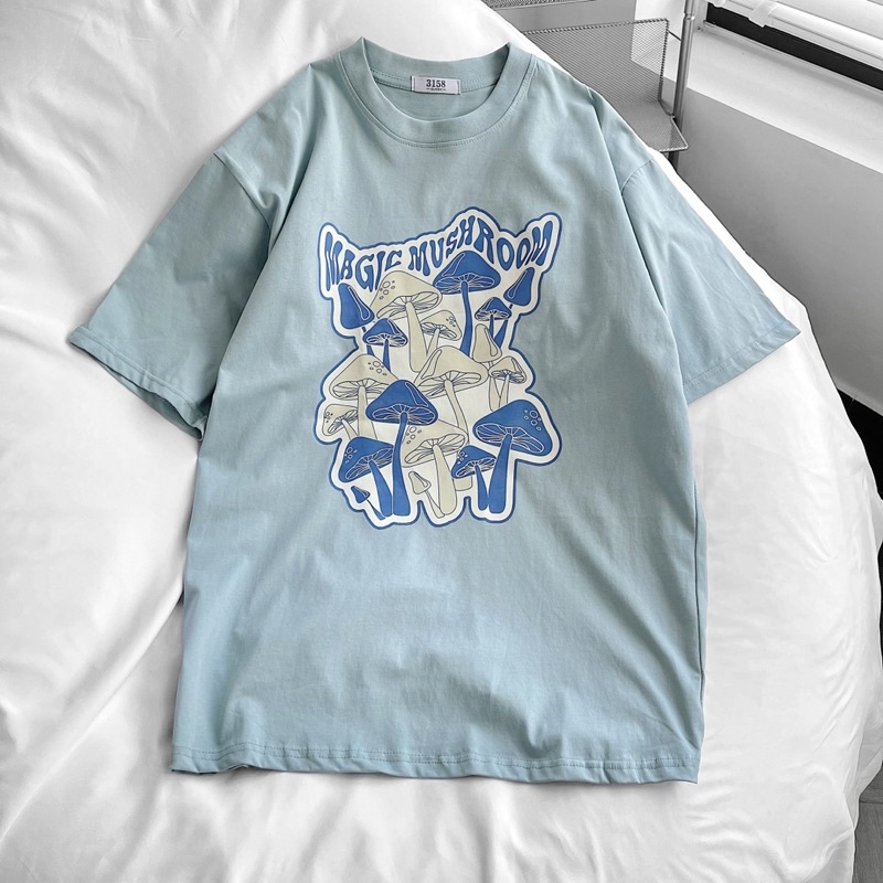 Áo thun tay lỡ nam nữ,in hình Mushroom màu xanh