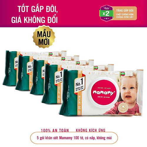 Combo 5 gói Khăn ướt Mamamy 100 tờ không mùi, có nắp