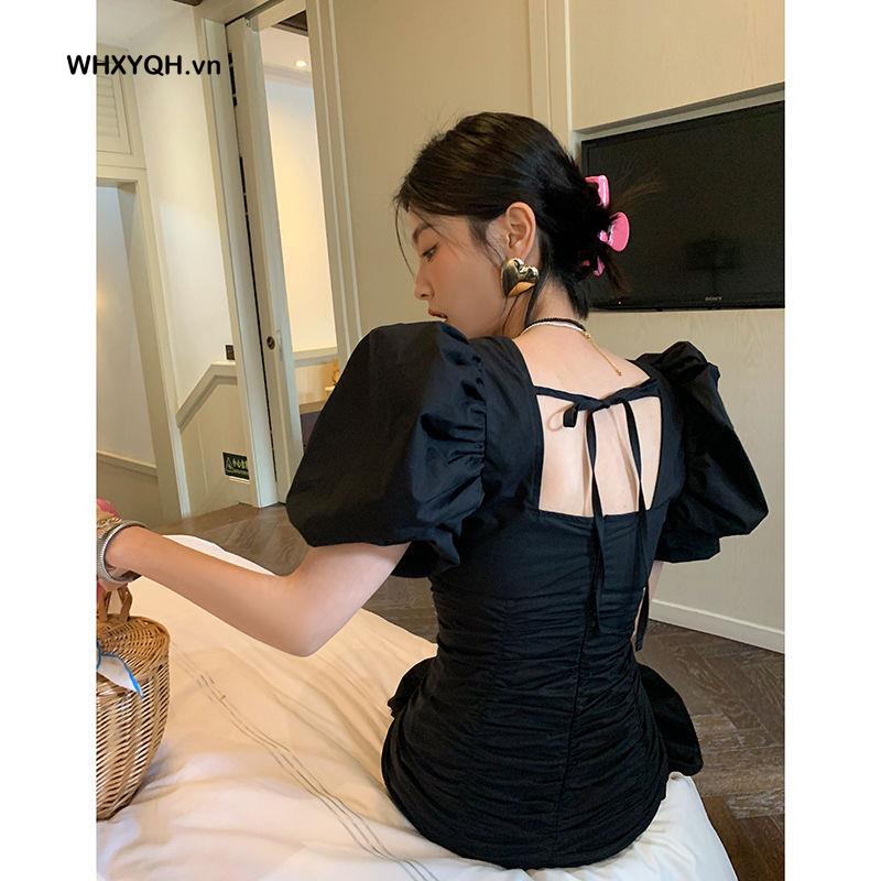 Đầm Hai Dây Tay Phồng Màu Đen Phong Cách Pháp Thời Trang Mới