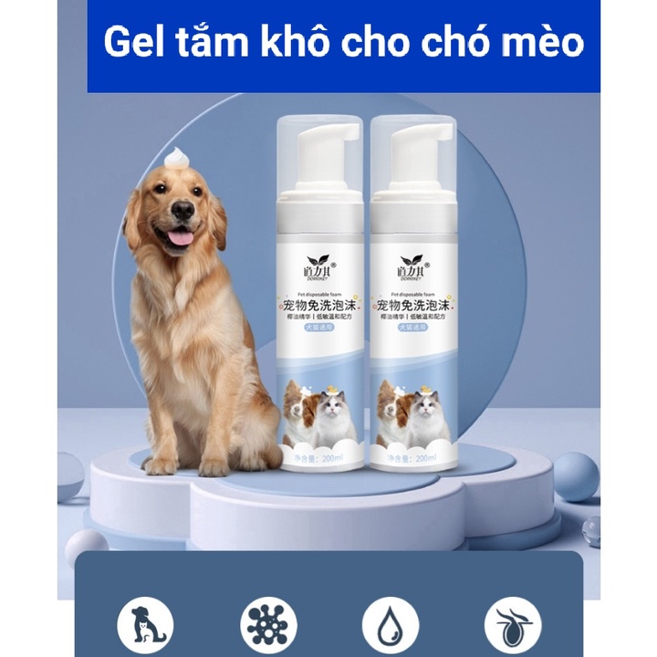 Sữa tắm khô cho chó mèo DorriKey an toàn, khử khuẩn, không cần Rửa Lại 200ml