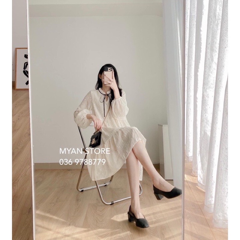 Đầm Ren Tay Dài Dáng Babydoll 2 Lớp Buộc Nơ Xinh, Váy Thu Đông Phong Cách Hàn Quốc