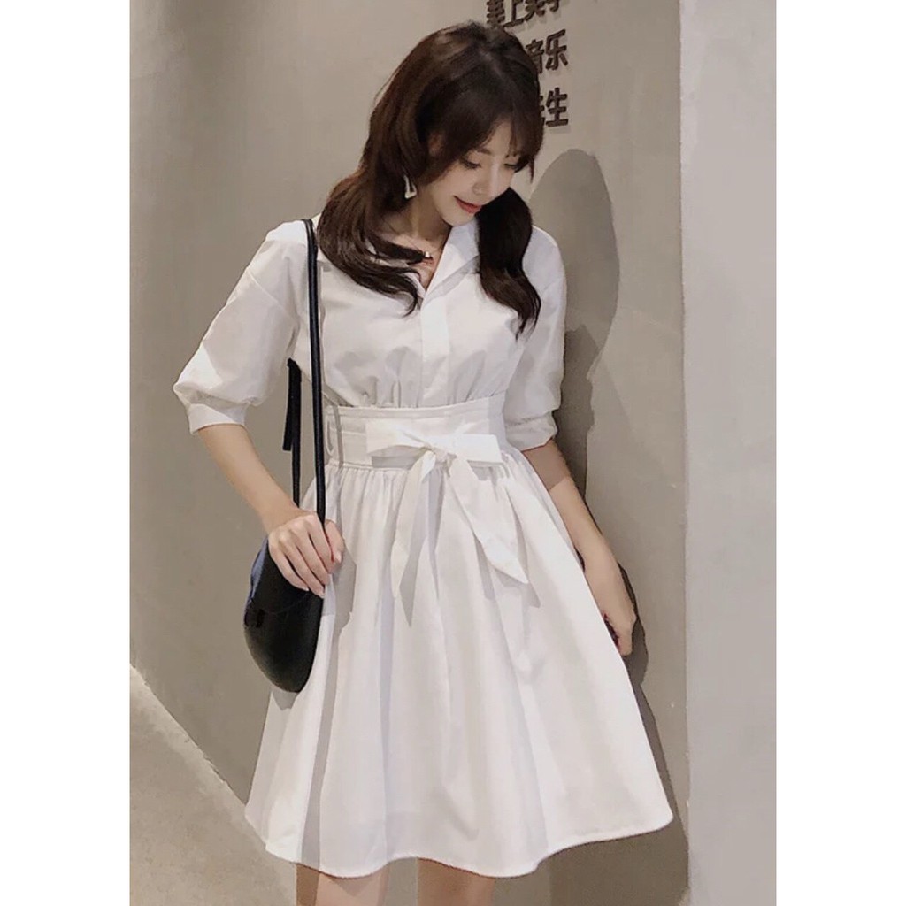 Đầm xòe cổ sơ mi tay phồng G037