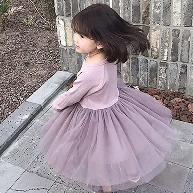 Đầm bé gái tay dài phối lưới phong cách Hàn Quốc dễ thương