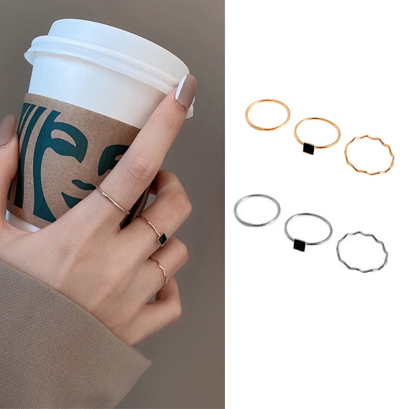 Set 3 Nhẫn Đen Đính Đá Zircon Hình Vuông Nhỏ Thiết Kế Đơn Giản Thời Trang Cao Cấp Cho Nữ