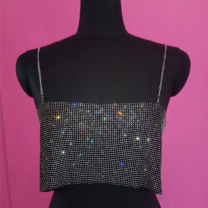 Áo Croptop Sát Nách Hở Lưng Đính Đá Lấp Lánh Màu Vàng / Bạc Quyến Rũ