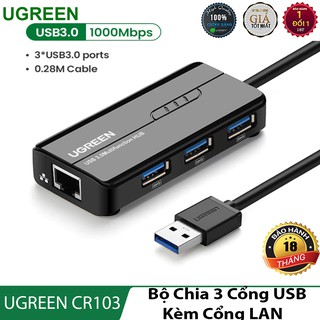 Bộ chia cổng USB sang 3 cổng USB kèm cổng LAN l Hàng chính hãng UGREEN