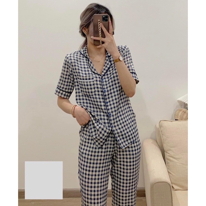 Bộ pijama chất đũi xốp hoạ tiết kẻ ô áo cộc quần dài, Bộ ngủ mặc nhà thu đông