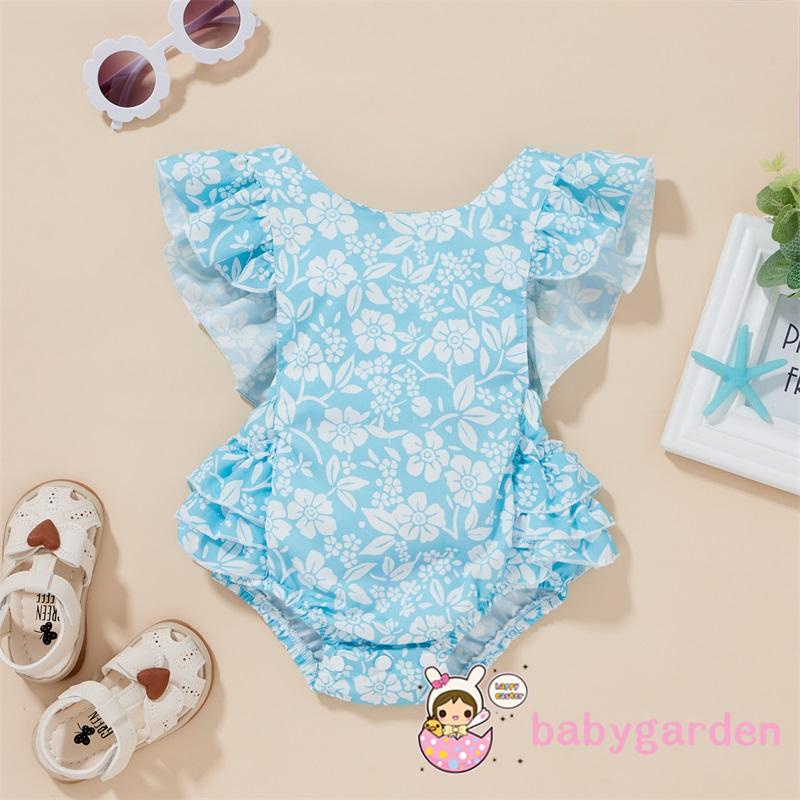 Bộ áo liền quần cổ thuyền tay áo bay in hoa màu xanh dương thời trang mùa hè cho bé gái