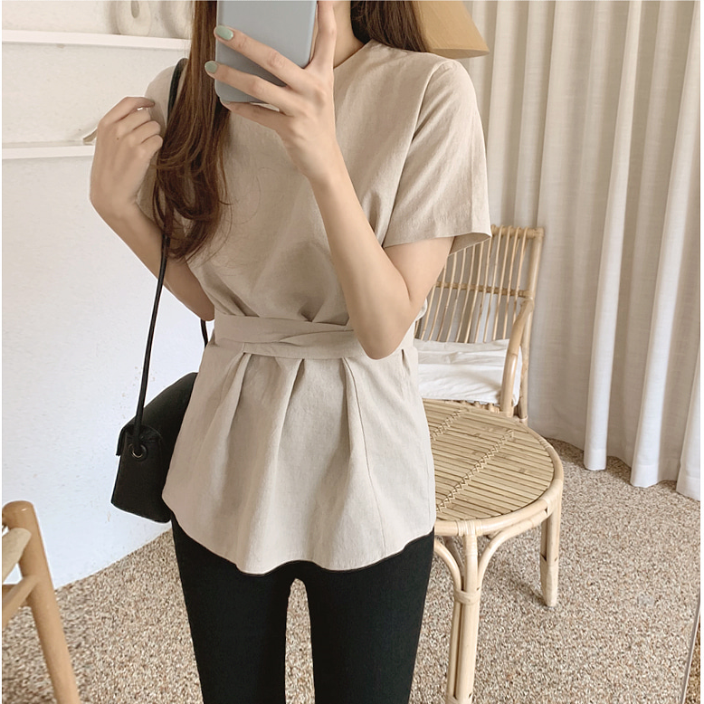 SUXI Áo Sơ Mi Công Sở Nữ Cổ Tròn Ngắn Tay Kiểu Hàn Quốc