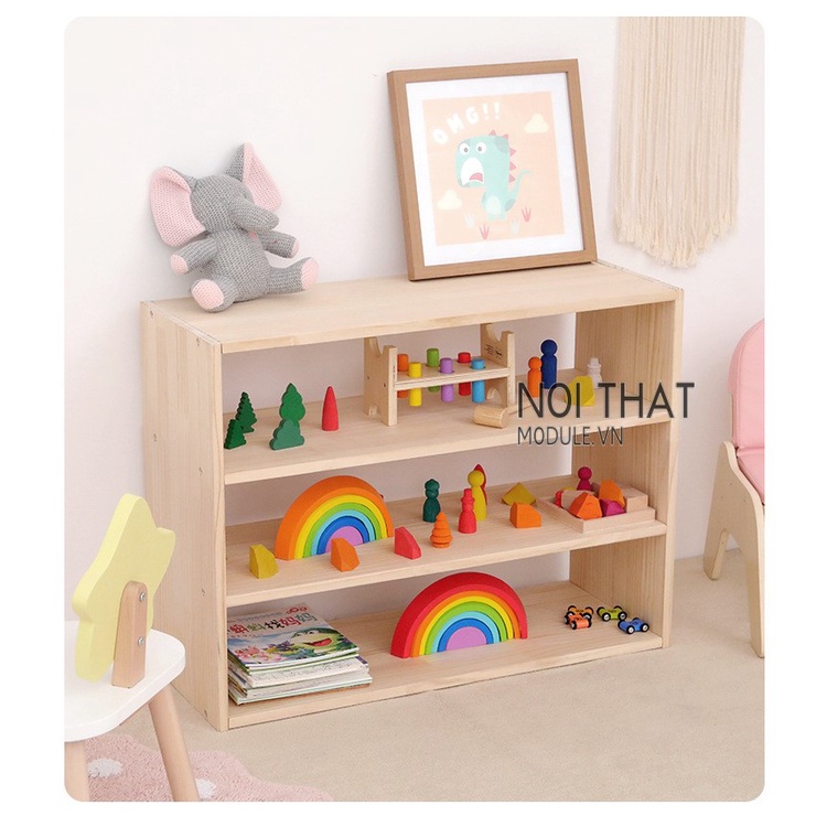 Kệ sách cho bé 3 tầng, kệ để đồ chơi cho trẻ gỗ thông tự nhiên