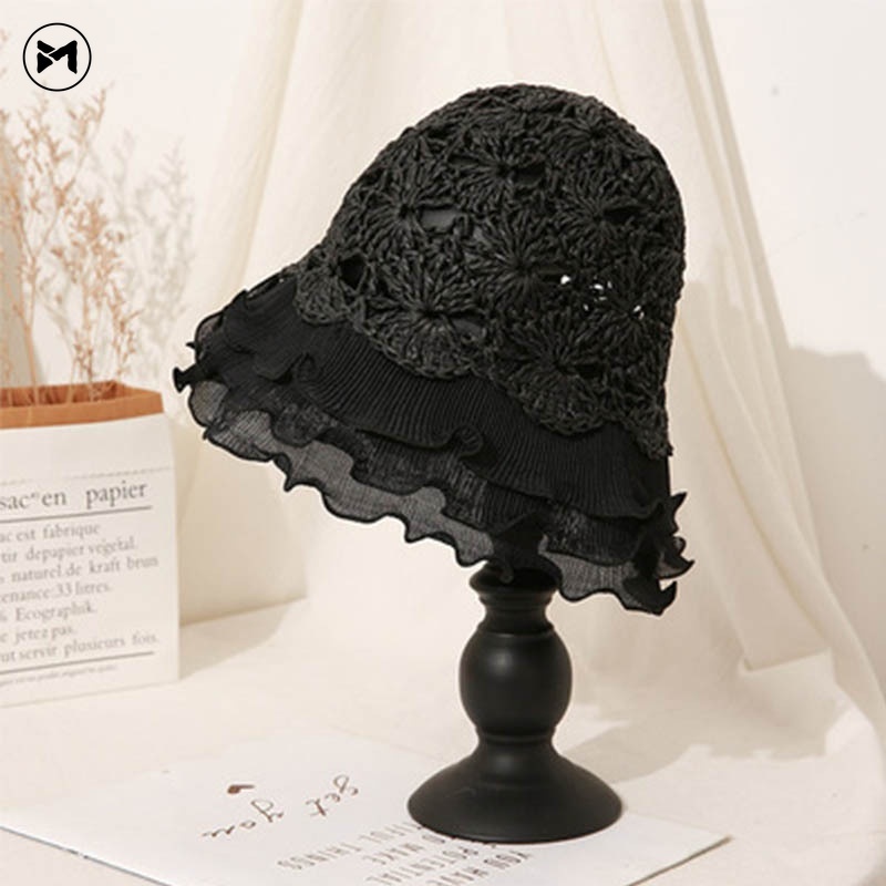 Nón Tai Bèo Đan Cói Phối Ren Thoáng Khí Chống Nắng Thời Trang Xinh Xắn Cho Nữ