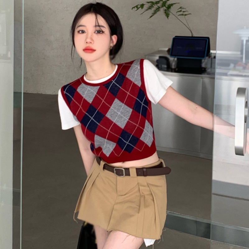 Áo Tank Top Dệt Kim Cổ Tròn Họa Tiết Kẻ Sọc Thiết Kế Đơn Giản Thời Trang Cho Nữ