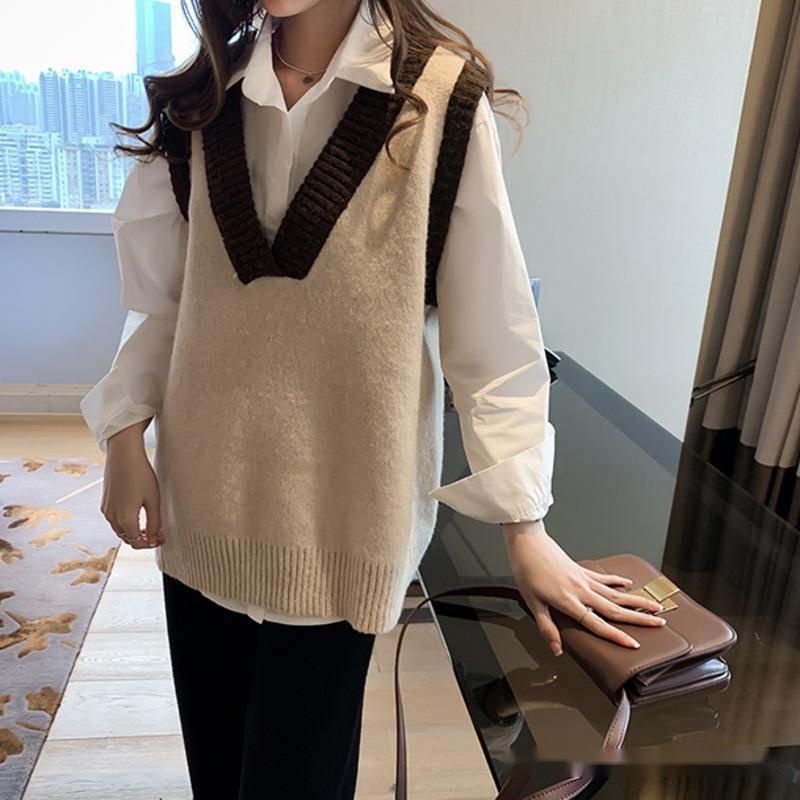 Áo Len Nữ Không Tay Cổ Chữ V Màu Sắc Retro Thời Trang