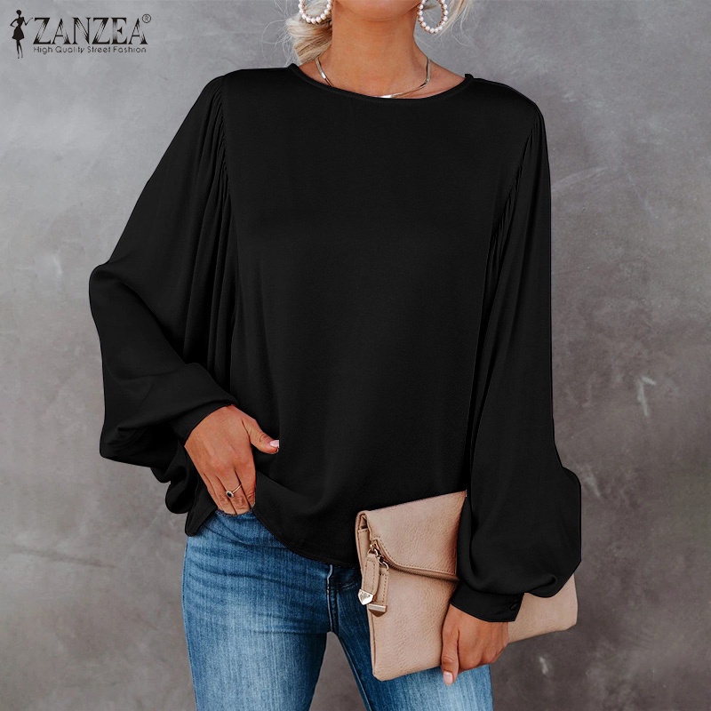 Áo kiểu Zanzea vải satin cổ tròn tay phồng dáng rộng thời trang dành cho nữ