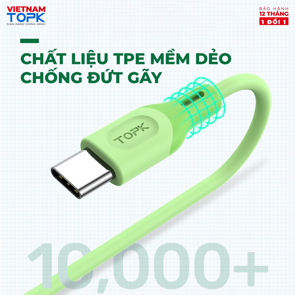 Dây cáp sạc dùng cho điện thoại TOPK AN84 Vỏ chống đứt gãy dài 1m - Hàng chính hãng Bảo hành 12 tháng
