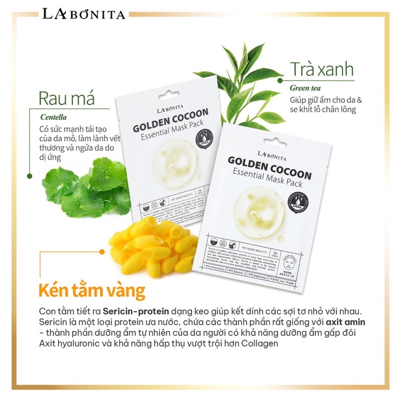 Mặt nạ dưỡng ẩm, trắng da, cải thiện nếp nhăn - LA BONITA Golden Cocoon Essential Mask Pack 20g