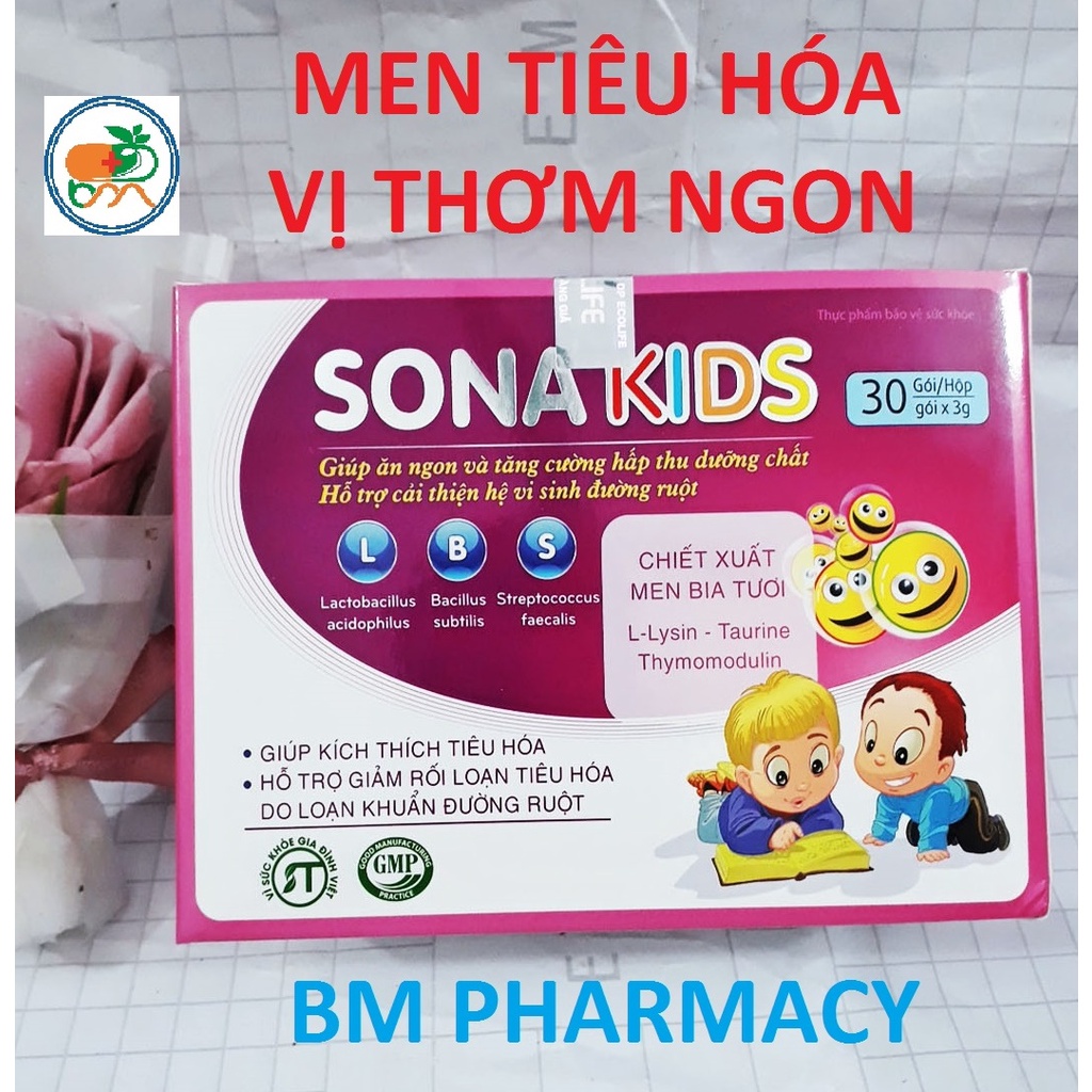 Men tiêu hóa gói trẻ em SONA KIDS, giúp ăn ngon và tăng cường hấp thu dưỡng chất, giúp cải thiện hệ vi sinh đường ruột