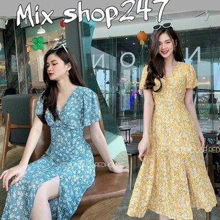 ĐẦM LỤA HOA CÚC XẺ TÀ DÁNG DÀI SIÊU XINH XẮN DẠO PHỐ CÓ 2 MÀU XANH VÀ VÀNG