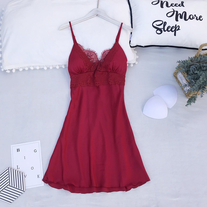 HISEXY Đầm Ngủ Lụa Satin Cao Cấp Mặc Nhà Có Mút Ngực Đủ Size Dưới 65Kg Ren 18cm MD04 - Hàng mới về