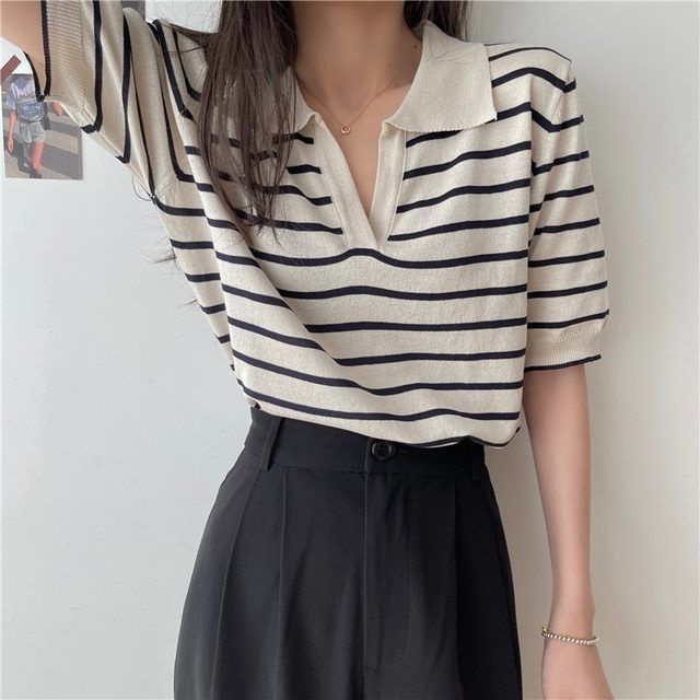 Áo Thun NgắN Tay Kẻ SọC Cổ Chữ V Xinh XắN Cho Nữ JL-TX-348