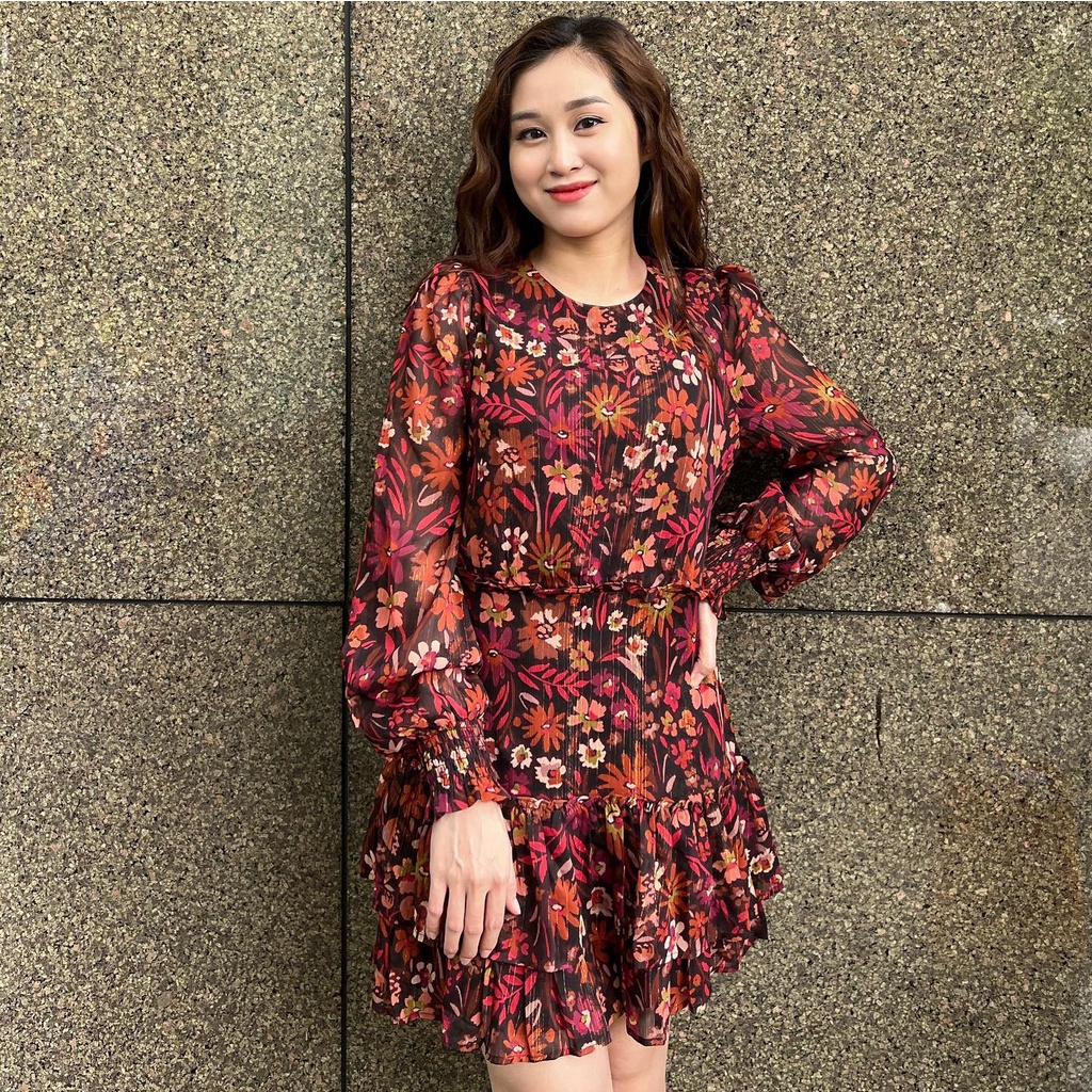 VÁY VOAN HOA ĐỎ TAY DÀI CỔ TRÒN | ĐI TIỆC . CÔNG SỞ , ĐI CHƠI