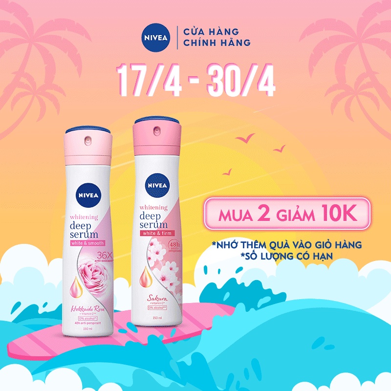 Bộ đôi Xịt serum ngăn mùi NIVEA dưỡng trắng hương hoa hồng Hokkaido &amp; Sakura (150ml x2) (85304+85308)