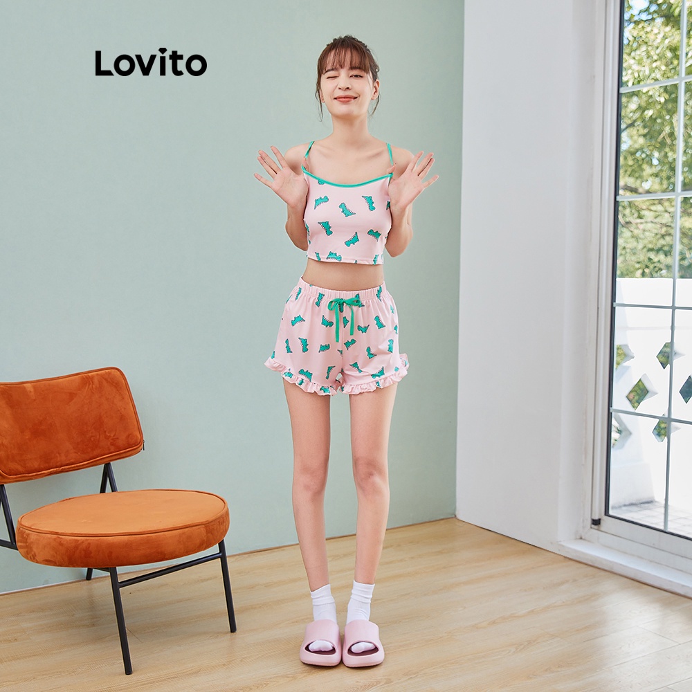 Set trang phục Lovito ôm dáng vừa vặn in họa tiết khủng long thiết kế viền bèo đáng yêu LSBSFSP2103 (Màu hồng)
