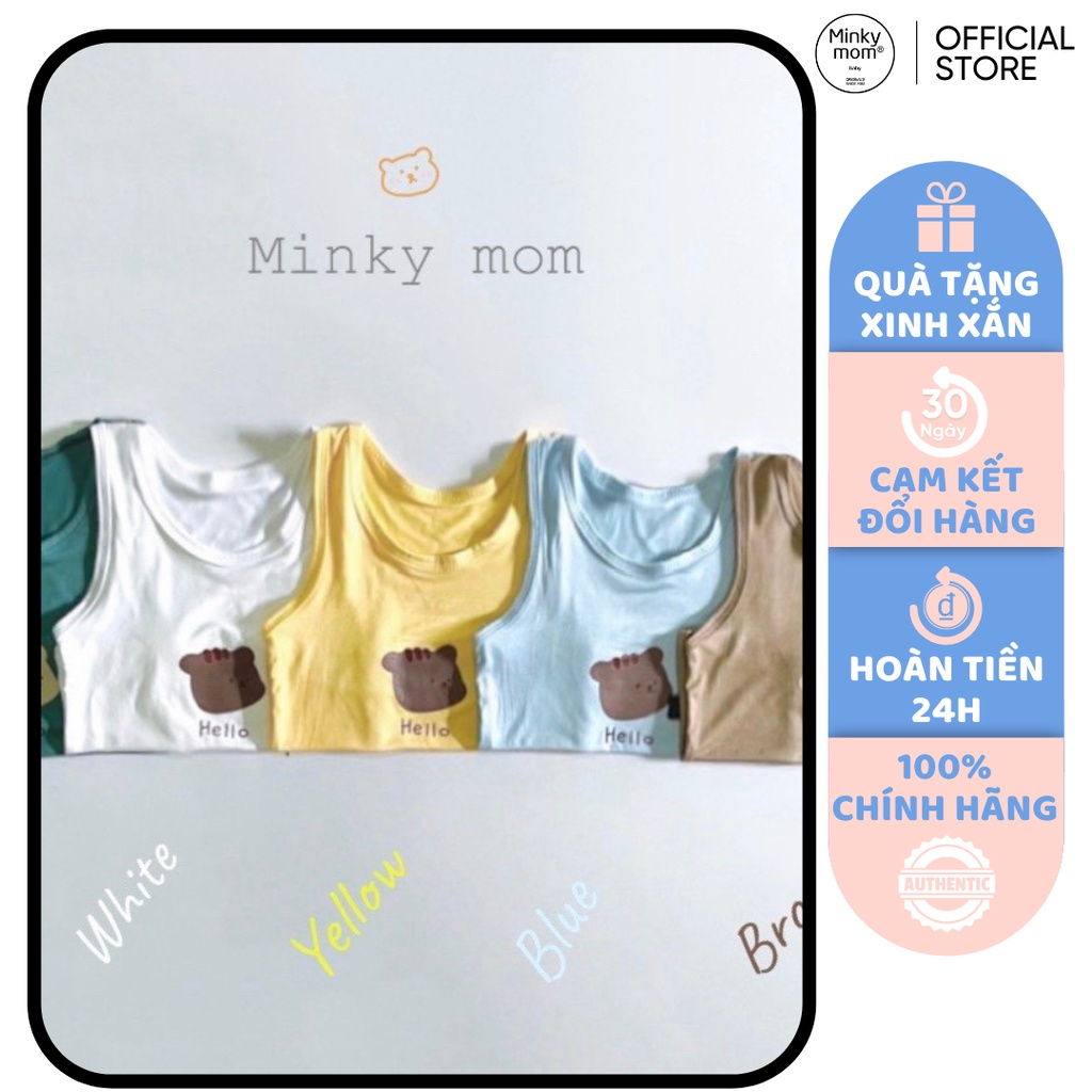 Áo Cộc Bé Trai, Bé Gái Minky Mom Vải Thun Lạnh Hoạ Tiết Gấu Hello, Áo 3 Lỗ Cho Bé Mặc Nhà MKMA3LO2201
