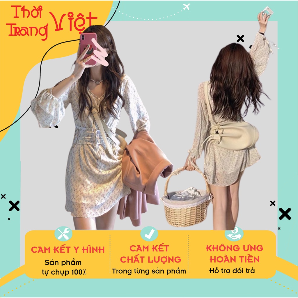 Váy nữ tay bồng cổ V phối hoạ tiết hoa nhí, Đầm nữ dáng xoè hai lớp chất voan mềm mại thích hợp đi biển đi chơi