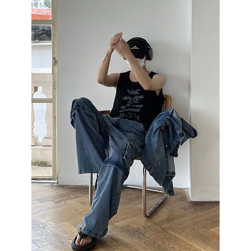 Quần Yếm Denim Dáng Rộng Nhiều Túi Có Khóa Kéo Phong Cách Công Nghiệp