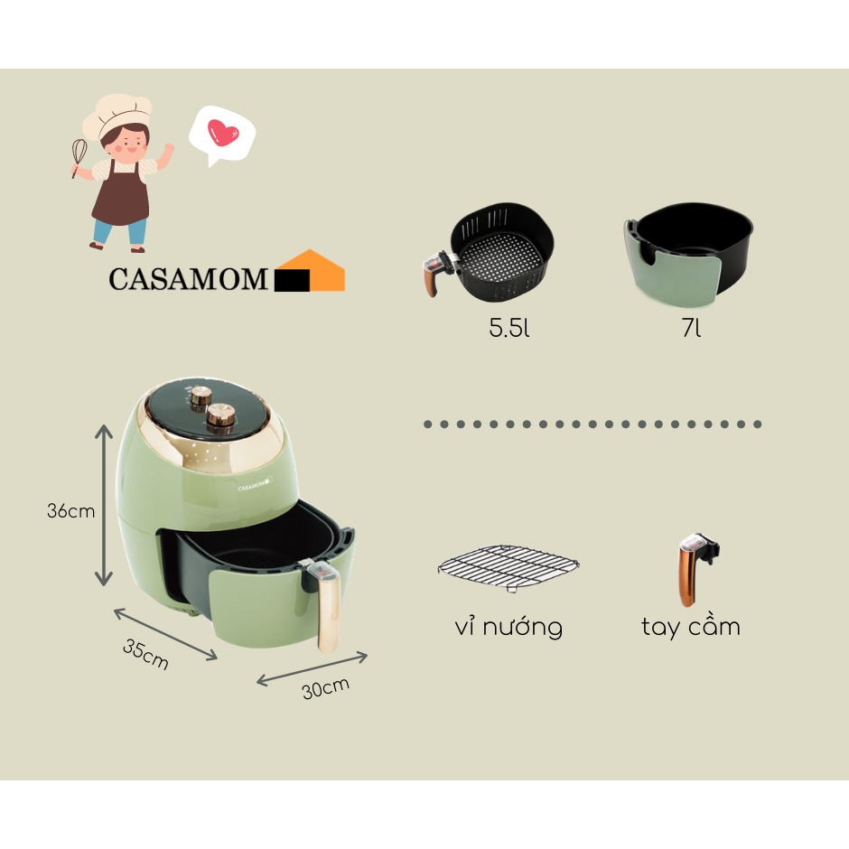 Nồi Chiên Không Dầu Casamom Hàn Quốc CAA-201 Màu Xanh Oliu