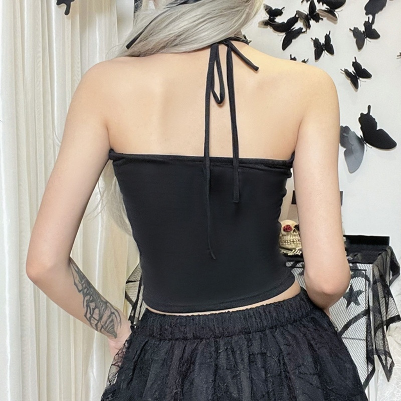 Xiangbao Áo Crop Top Hai Dây Dệt Kim In Họa Tiết Bí Ngô Halloween Gợi Cảm Cho Nữ