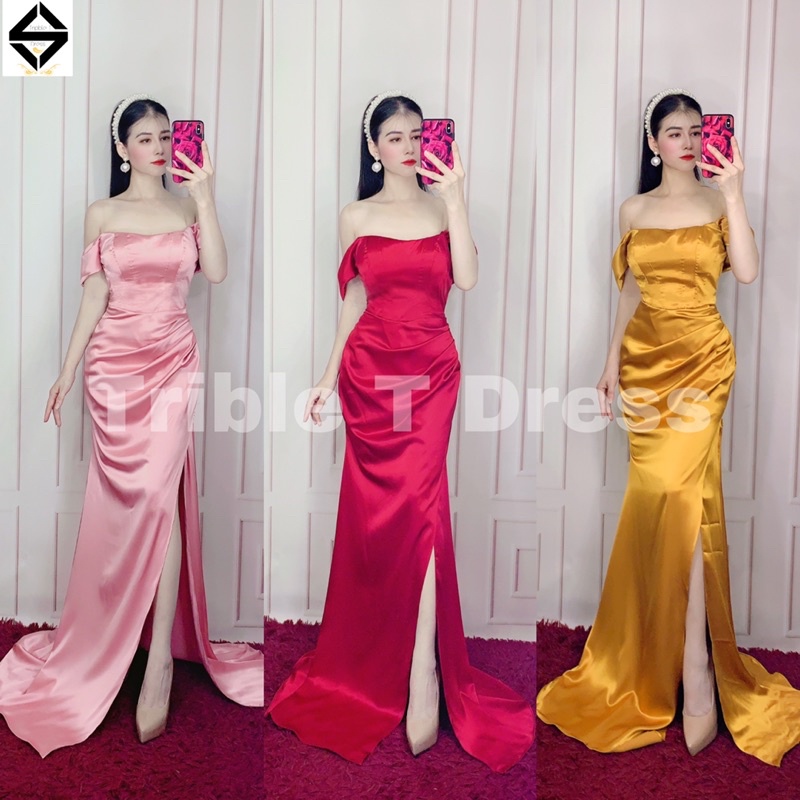 Đầm maxi body trễ vai xẻ đùi chất phi thun lụa TRIPBLE T DRESS - size M/L - MS393V