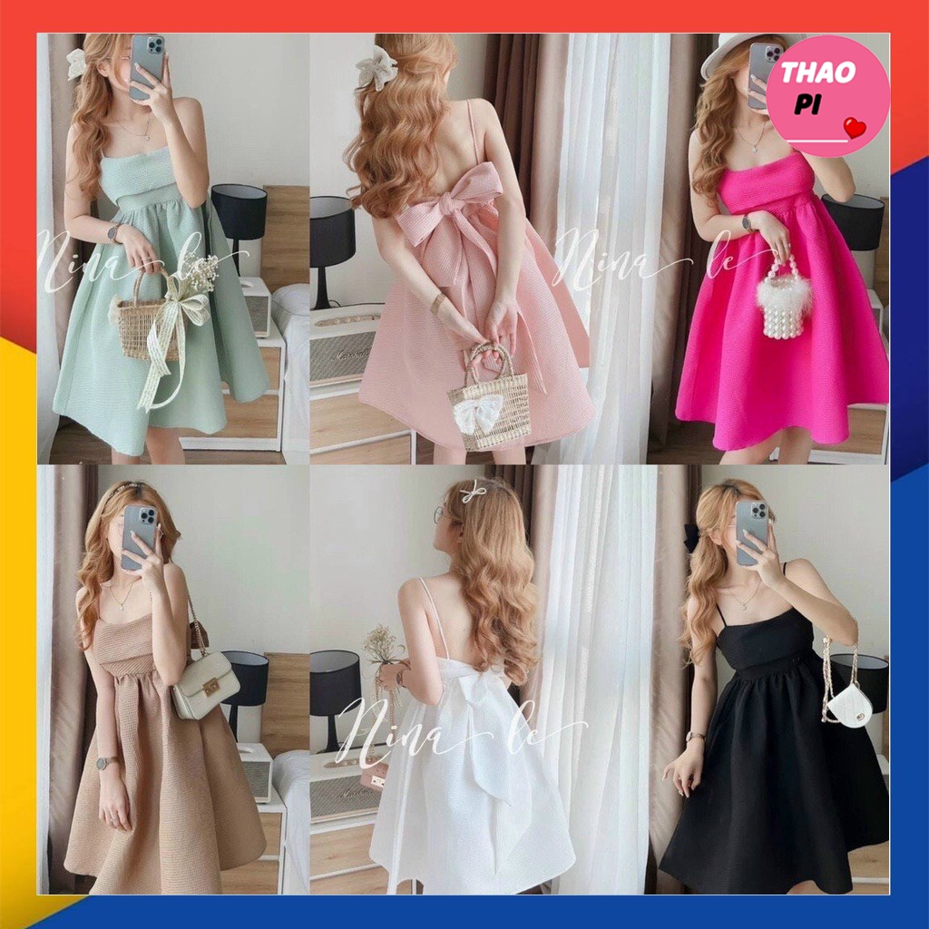 Đầm hai dây nơ lưng đi tiệc đi chơi siêu hot hit phong cách bánh bèo dễ thương