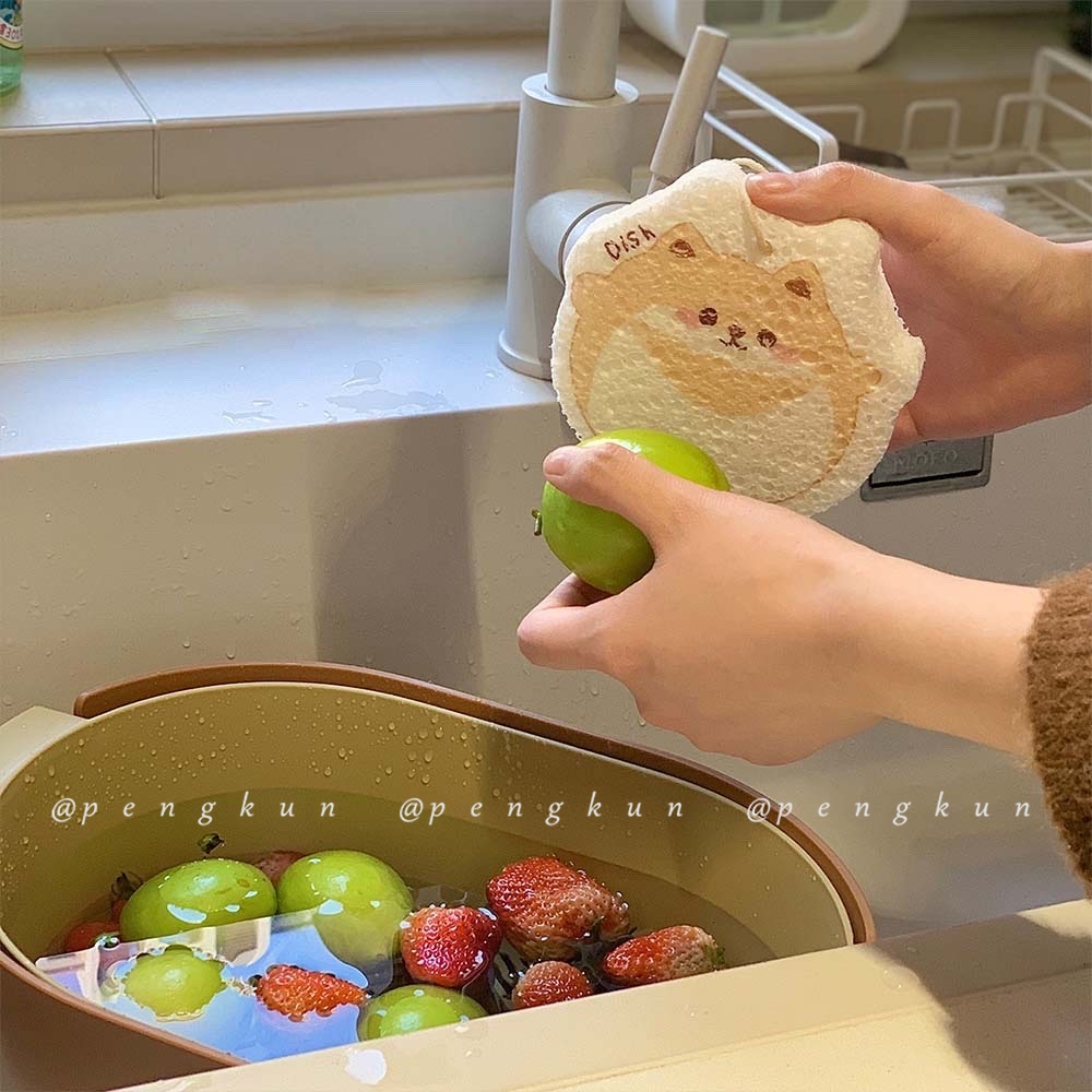Miếng rửa chén dĩa bằng cotton bột gỗ hoạt hình thấm hút nước phong cách Hàn Quốc tiện dụng