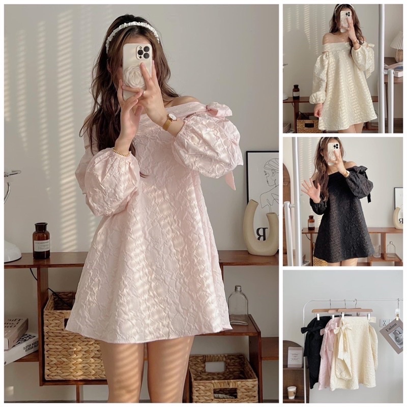 Áo gấm dài tay trễ vai buộc nơ cách điệu hàng QC loại 1- Áo trễ vai mùa thu xinh xắn