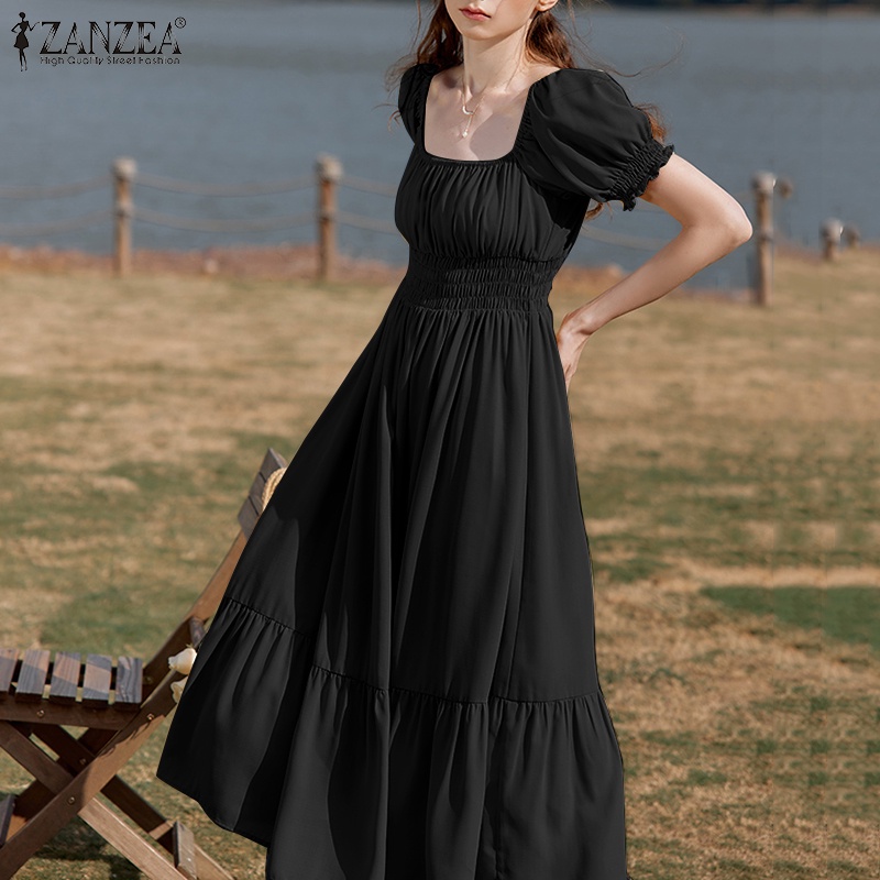 Đầm Zanzea cổ vuông tay phồng xếp nếp màu trơn thiết kế quý tộc cổ điển cho nữ