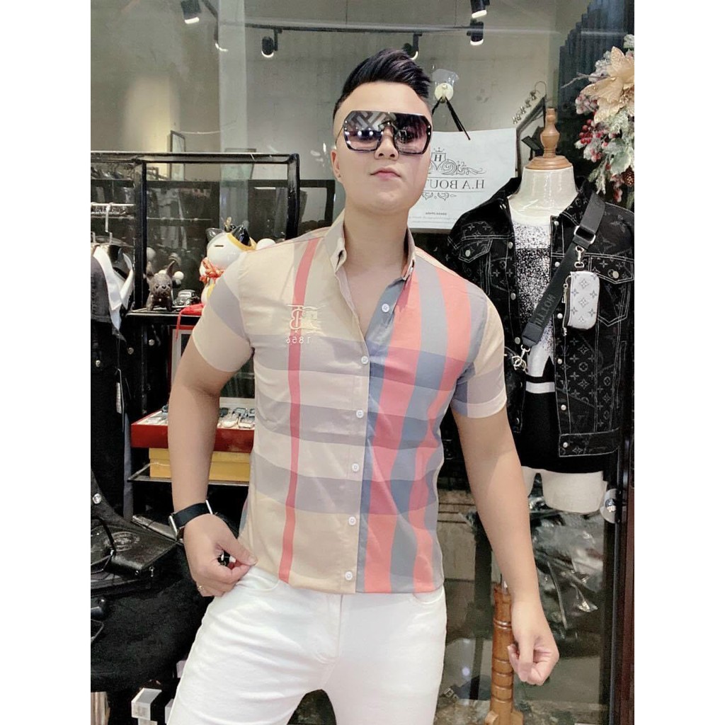 Áo sơ mi nam cộc tay. Áo sơ mi nam tay ngắn in ép 3D. Kiểu dáng body thời trang