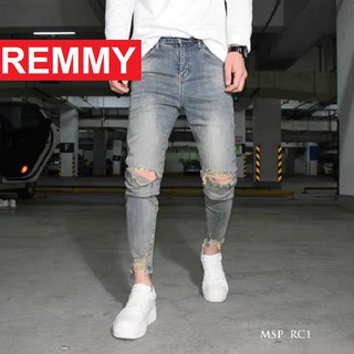 QUẦN JEAN NAM RÁCH GỐI XANH XÁM TUA RUA CHÂN CHẤT BÒ CAO CẤP HOT TREND KJ G01 REMMYSHOP